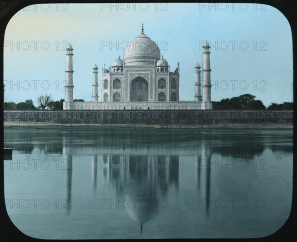 Taj Mahal from Yamuna River, Agra, India, Hand-Colored Magic Lantern Slide, Newton & Company, 1915