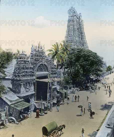 Meenakshi Temple, Madurai, India, Hand-Colored Magic Lantern Slide, Newton & Company, 1915