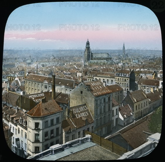 Cityscape, Brussels, Belgium, Hand-Colored Magic Lantern Slide, Newton & Company, 1915