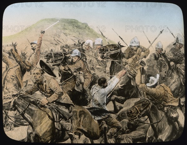 Charge of the 5th Lancers at Elandslaagte, 2nd Boer War, South Africa, Hand-Colored Magic Lantern Slide, Newton & Company, 21 November 1899
