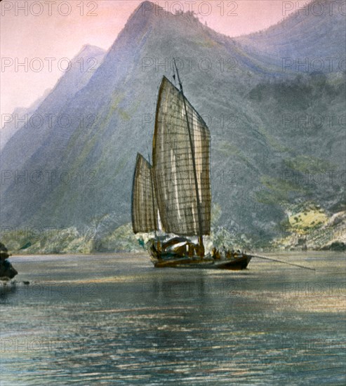 Missionaries Traveling on Houseboat, Western China, Hand-Colored Magic Lantern Slide, Newton & Company, 1920
