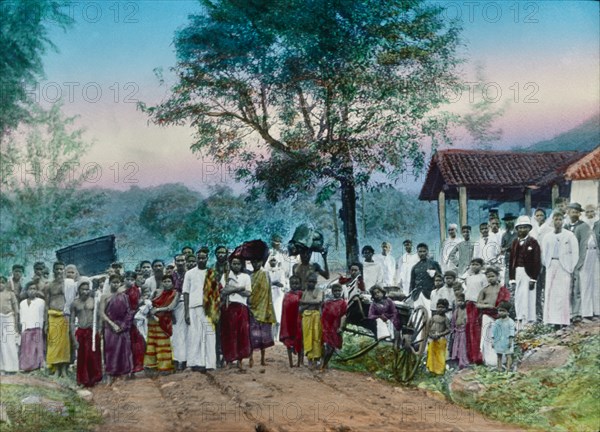 Large Group of Villagers, Sri Lanka, Hand-Colored Magic Lantern Slide, Newton & Company, 1920