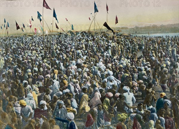 Kumbh Mela, Allahabad, India, Hand-Colored Magic Lantern Slide, Newton & Company, 1920