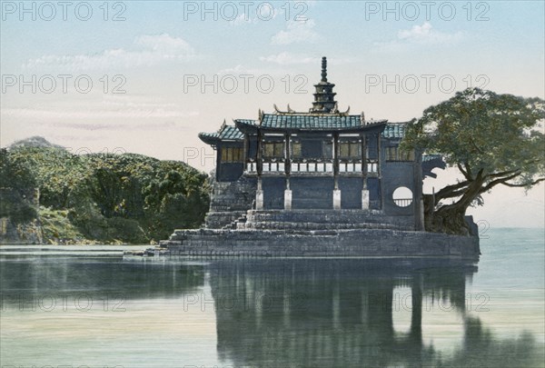 Island Temple of Jinshan, Min River, Fuzhou, China, Hand-Colored Lantern Slide by John Thomson, Newton & Company, 1870