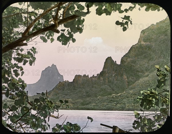 Cook's Bay, Moorea, South Pacific, Hand-Colored Magic Lantern Slide, Newton & Company, 1900