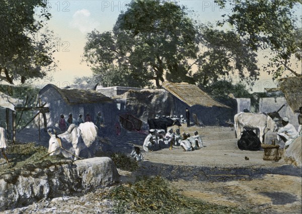 Village Scene, Western India, Hand-Colored Magic Lantern Slide, Newton & Company, 1930