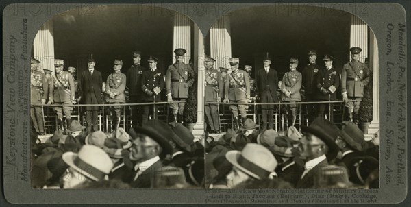 America's Most Notable Gathering of Military Heroes, Left to Right, Jacques (Belgium), Diaz (Italy), Coolidge,  Foch (France), Pershing and Beatty (England), National Convention of the American Legion, Kansas City, Missouri, USA, Stereo Card, Keystone View Company, 1921