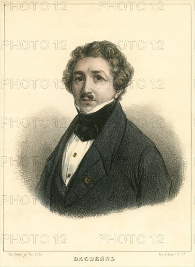 Louis Jacques Mandé Daguerre (1787-1851), French Artist and Photographer, Recognized for his invention of the Daguerreotype Process of Photography, Chez Aubert gal Vere Dodat, Imp d'Aubert & Cie., Galerie de la Presse, de la Litterature & des Beaux-Arts, Lithograph