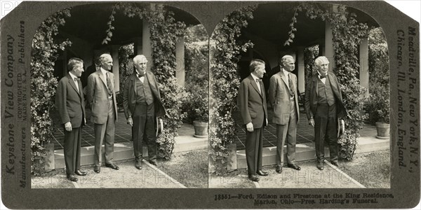 Harvey Firestone, Henry Ford & Thomas Edison  at King Residence during U.S. President Warren G. Harding's Funeral, Marion, Ohio, USA, Stereo Card, Keystone View Company, August 1923