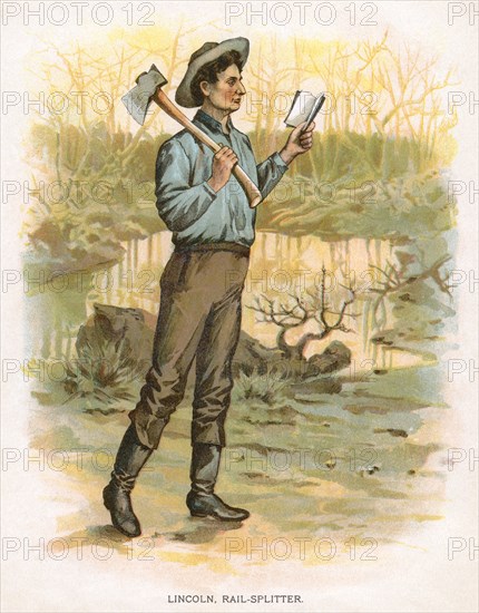 Abraham Lincoln, Holding Ax and Reading Book, from the Book, "True Stories of Great Americans for Young Americans", 1897