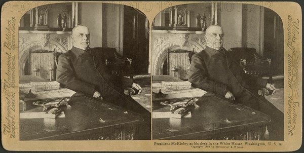 President McKinley at his desk in the White House, Washington DC, USA, Stereo Card, Underwood & Underwood, 1898