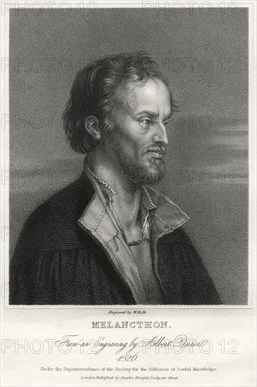Philip Melanchthon (1497-1560), German Lutheran Reformer, Collaborator with Martin Luther, the first systematic theologian of the Protestant Reformation and intellectual leader of the Lutheran Reformation, Head and Shoulders Portrait, Engraving, 1861