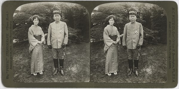 Field Marshal Marquis Oyama and his Charming Wife, Marchioness Oyama, in the Gardens of their Tokyo Home, Just Before the General's Departure for the front to take Command of all Japanese Land Forces, Stereo Card, H.C. White & Co., 1904