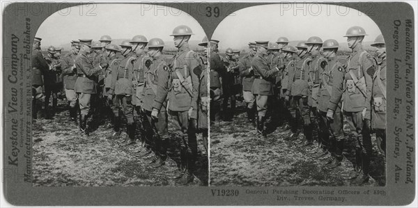 General Pershing Decorating Officers of 89th Division, Treves, Germany, Stereo Card, Keystone View Company, 1918