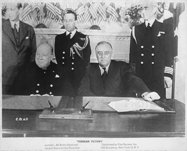 British Prime Minister Winston Churchill (L) and U.S. President Franklin Roosevelt meeting at White House during World War II, June 19, 1942, publicity still from the Propaganda Film, "Tunisian Victory", 1944