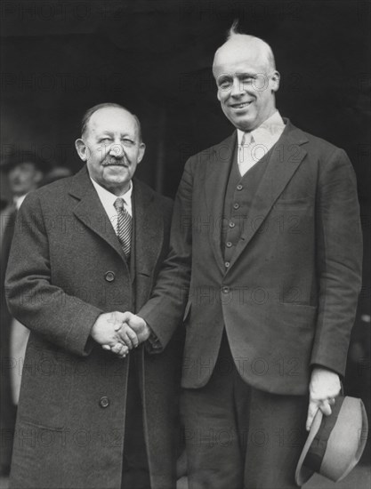 Norman Thomas (Right), James Maurer (Left), U.S. President and Vice President Candidates on the Socialist Ticket, Shaking Hands as they Meet for First Time Since their Nomination, Philadelphia, Pennsylvania, USA, October 23, 1932