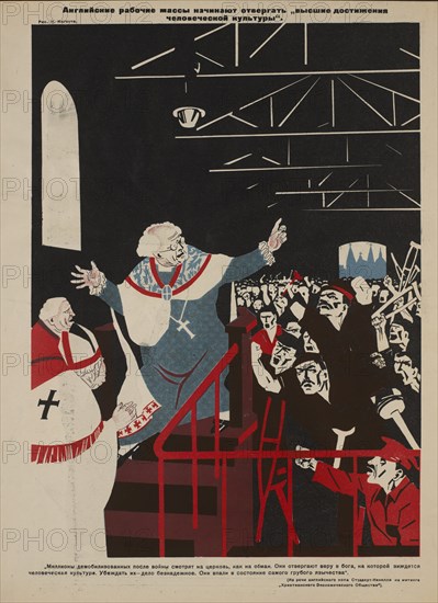 Soviet Propaganda Magazine Interior, Bezbozhnik u Stanka (Atheist at his Bench) Magazine, Illustration by Nikolai Kogout, 1920's