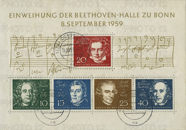 Inauguration of Beethoven Hall, Bonn, West Germany, Commemorative Stamps Sheet for Opening Concert,  September 8, 1959