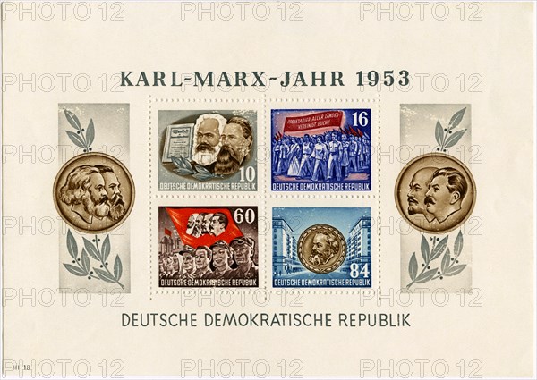 Karl Marx Commemorative Postage Stamp Sheet, East Germany, DDR, 1953