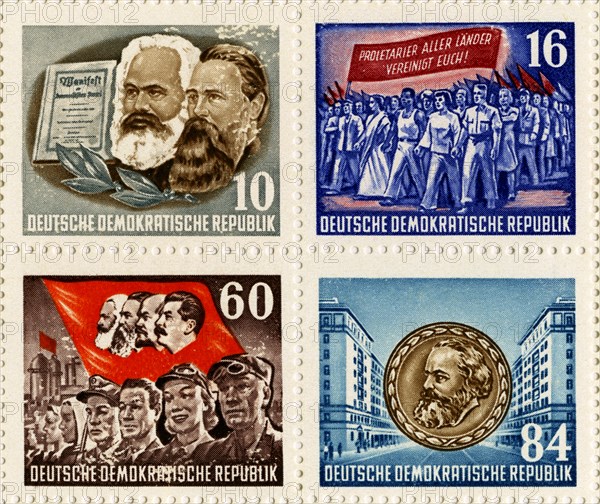 Stamps only from Karl Marx Commemorative Postage Stamp Sheet, East Germany, DDR, 1953