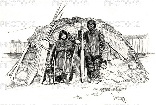 Fuegians, Tierra del Fuego Native Family and Dwelling, Illustration by Thure de Thulstrup, Harper's Monthly Magazine