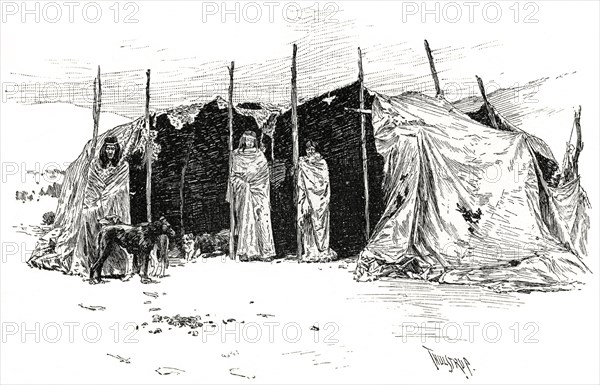 Patagonian Indian Native Family and Dwelling, Illustration by Thure de Thulstrup, Harper's Monthly Magazine
