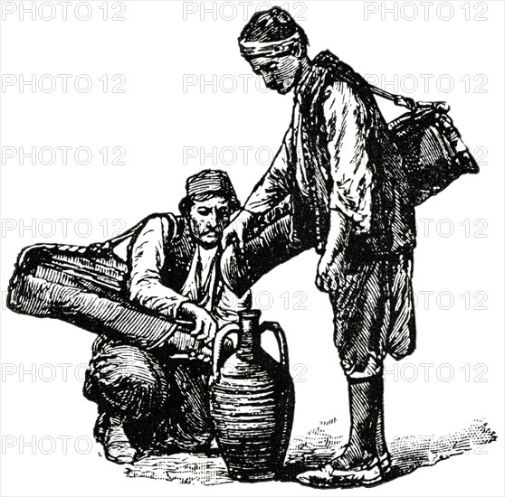 Water Carriers, Constantinople, Illustration, Classical Portfolio of Primitive Carriers, by Marshall M. Kirman, World Railway Publ. Co., Illustration, 1895