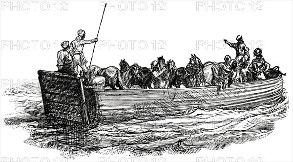 Primitive Ferry on the Tigris, Illustration, Classical Portfolio of Primitive Carriers, by Marshall M. Kirman, World Railway Publ. Co., Illustration, 1895