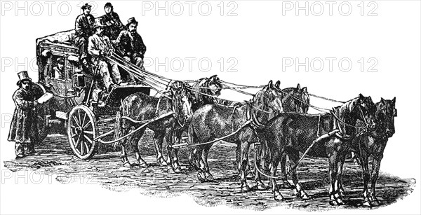 Six-Horse Stagecoach of the American West, USA, Illustration, Classical Portfolio of Primitive Carriers, by Marshall M. Kirman, World Railway Publ. Co., Illustration, 1895