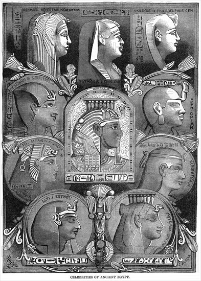 Celebrities of Ancient Egypt, Aahmes Nefertari, Ptolemaus IX, Evergetes II, Gemahlin Amenophis, Seti I, Sethos, Mutemua XVII Dynasty, Kleopatra, Aethiopian, Aksinoe II, Philadelphus Gem, Ramses III, Illustration, Cyclopaedia of Universal History, Volume 1, The Ancient World, by John Clark Ridpath, the Jones Brothers Pubishing Company, 1885