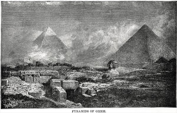 Pyramids of Gizeh (Giza) with Approaching Sands, Illustration, Cyclopaedia of Universal History, Volume 1, The Ancient World, by John Clark Ridpath, the Jones Brothers Publishing Company, 1885