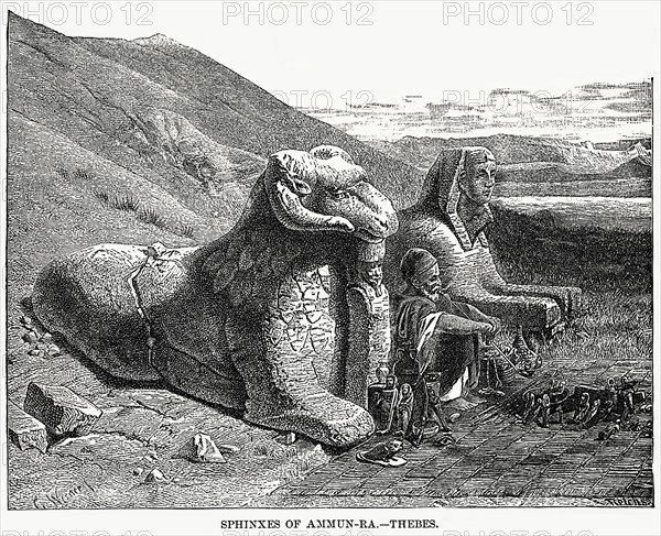 Sphinxes of Amun-Ra at Thebes, Illustration, Cyclopaedia of Universal History, Volume 1, The Ancient World, by John Clark Ridpath, the Jones Brothers Publishing Company, 1885