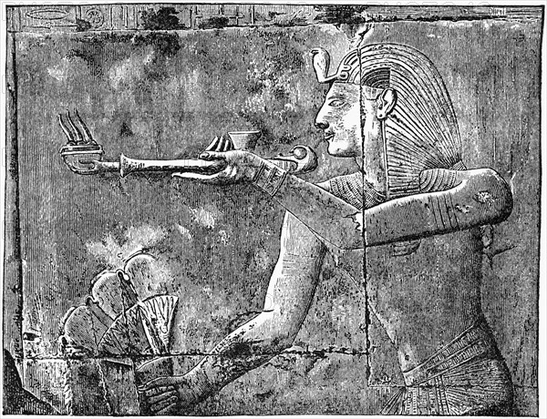 Relief Engraving of Seti I Burning an Offering of Incense, Abydos, Egypt, Illustration, Cyclopaedia of Universal History, Volume 1, The Ancient World, by John Clark Ridpath, the Jones Brothers Publishing Company, 1885