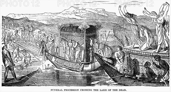 Funeral Procession Crossing Lake of the Dead, Illustration, Cyclopaedia of Universal History, Volume 1, The Ancient World, by John Clark Ridpath, the Jones Brothers Publishing Company, 1885
