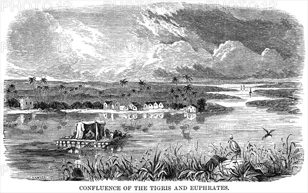 Confluence of Tigris & Euphrates Rivers, Illustration, Cyclopaedia of Universal History, Volume 1, The Ancient World, by John Clark Ridpath, the Jones Brothers Publishing Company, 1885