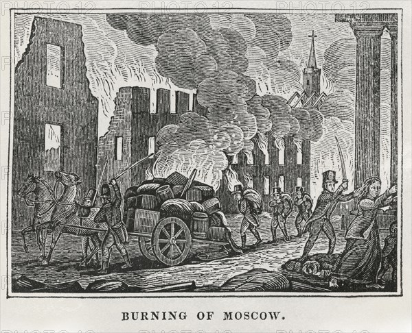 Burning of Moscow, 1812, Illustration from the Book, Historical Cabinet, L.H. Young Publisher, New Haven, 1834