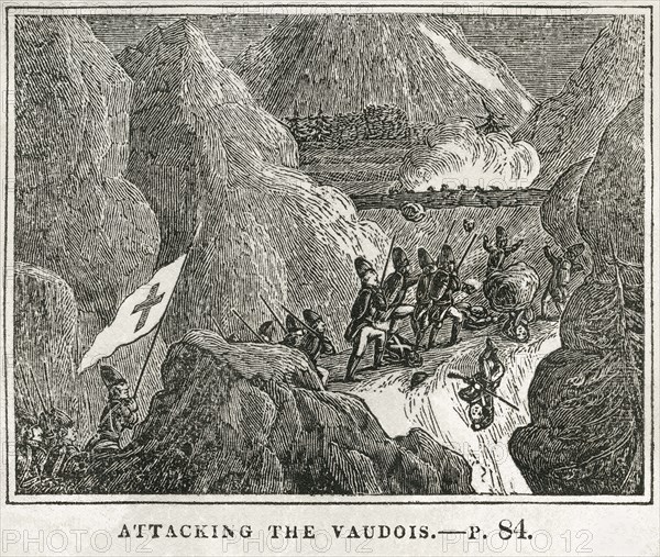 The French Attacking the Vaudois, 1686, Illustration from the Book, Historical Cabinet, L.H. Young Publisher, New Haven, 1834
