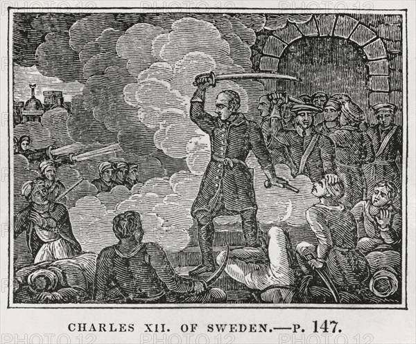 Charles XII of Sweden, Illustration from the Book, Historical Cabinet, L.H. Young Publisher, New Haven, 1834