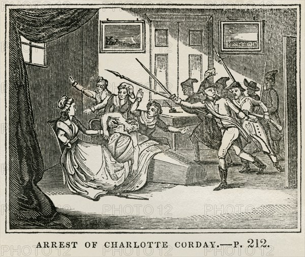 Arrest of Charlotte Corday, Illustration from the Book, Historical Cabinet, L.H. Young Publisher, New Haven, 1834