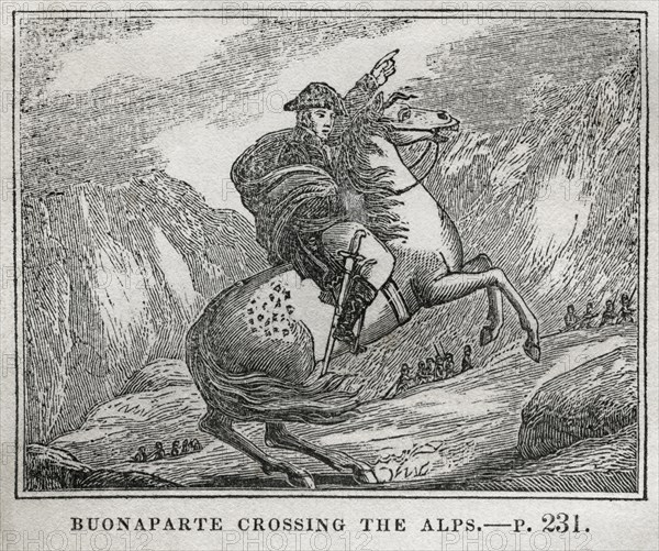 Buonaparte (Bonaparte) Crossing the Alps, Illustration from the Book, Historical Cabinet, L.H. Young Publisher, New Haven, 1834