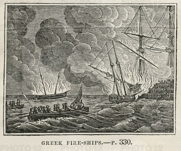 Greek Fire-Ships, Illustration from the Book, Historical Cabinet, L.H. Young Publisher, New Haven, 1834