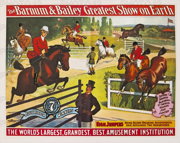 The Barnum & Bailey Greatest Show on Earth, 7 Blue Ribbon Winners, High Jumpers Whose Record-Breaking Achievements Have Astounded Two Hemispheres, Circus Poster, Lithograph, 1904