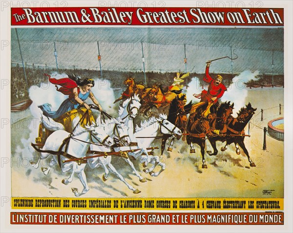 The Barnum & Bailey Greatest Show on Earth, Ancient Rome Chariot Races, French Circus Poster, Lithograph, 1896