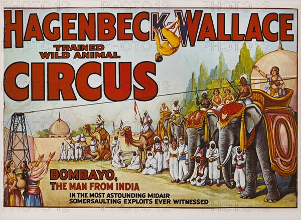 Hagenbeck-Wallace Trained Wild Animal Circus, Bombayo, the Man from India, Circus Poster, Lithograph, 1933