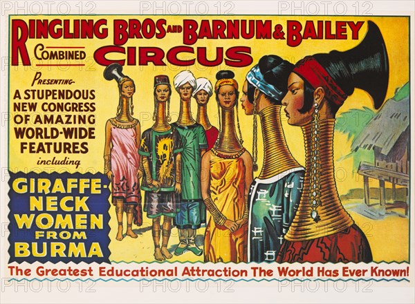 Ringling Bros and Barnum & Bailey Combined Circus, Giraffe-Neck Women from Burma, Circus Poster, Lithograph, 1932