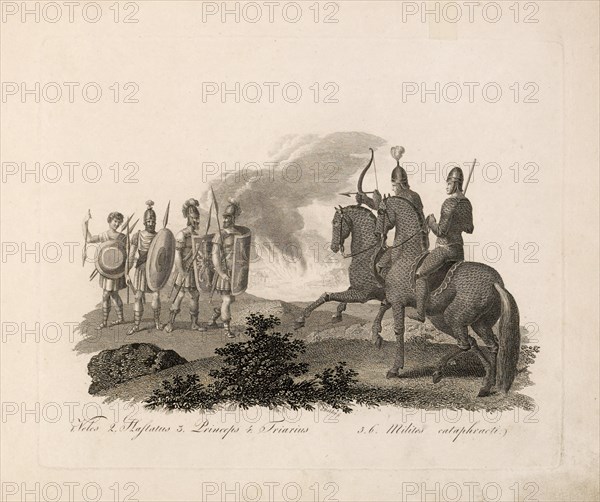 Veles (Roman Infantryman), Emperor, versus Armored Soldiers, Ancient Rome, Engraving, G. Dobler, 1819