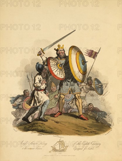 Anglo Saxon King of the Eighth Century and his Armour Bearer Equipped for Battle, 750, Etching by I.A. Atkinson, 1813