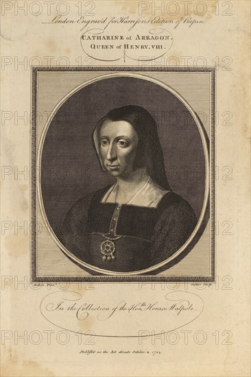 Catharine of Arragon (Catherine of Aragon), Queen of Kenry VIII, in the Collection of the Honorable Horace Walpole, Engraving, 1784