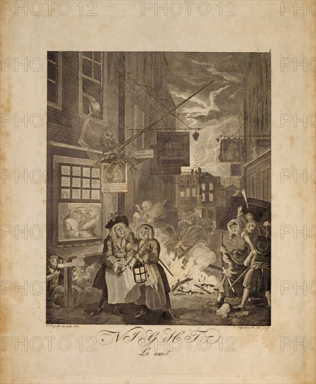 La Nuit (Night), London Street Scene at Night, by William Hogarth, Engraving, 1738