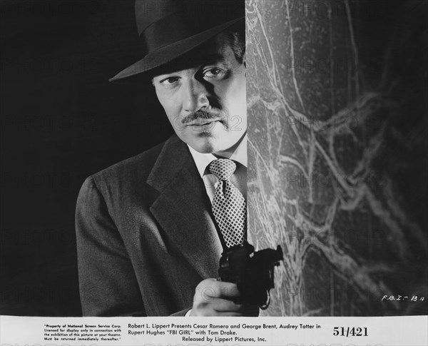 Cesar Romero, Publicity Portrait, on-set of the Film, "FBI Girl", Lippert Pictures, 1951